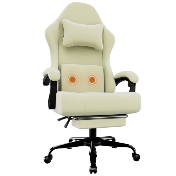 Ergonomic Gaming Chair, Video Game Chair with Massage Lumbar Support and Footrest, Height Adjustable Fabric Computer Chair with Pocket Spring Cushion, White-1
