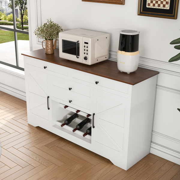 54" Farmhouse Buffet Sideboard with Storage Cabinet & Adjustable Shelf – Wood Top Dining Table with Drawer, Kitchen Storage Cabinet for Dining Room, Living Room, White-7
