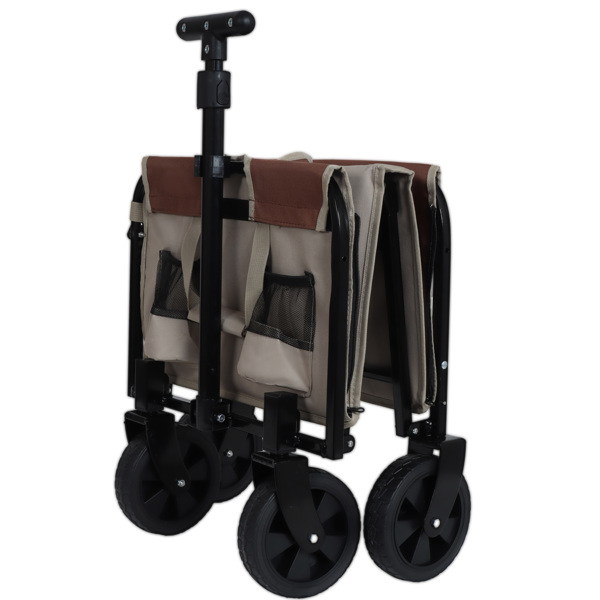 All-in-One Convertible Folding Camping Wagon Cart: Bench Seat, Storage Compartment & Included Dog Tether, Beige/Brown -8