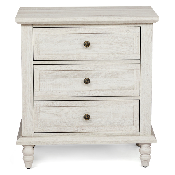 Retro white P2 particle board with 3D paper + solid wood legs 63*44.5*68.5CM three drawers bedside table 1pcs-12