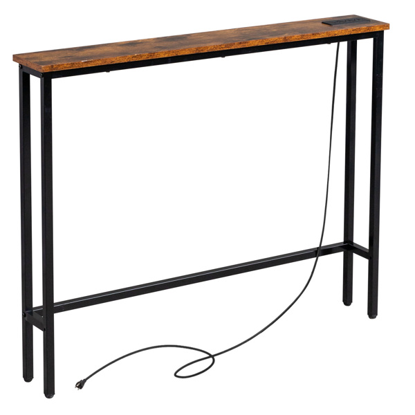 39.4" Narrow Console Sofa Table with Power Outlets and USB Ports, Skinny Couch Table with Metal Frame and Charge Station with 4.9ft Extension Cord, Rustic Brown-2