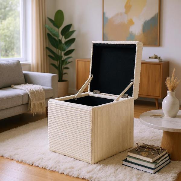 Beige Corduroy Storage Ottoman with Rubber Feet – Compact Soft Cube Seat, 42×42×44cm-4