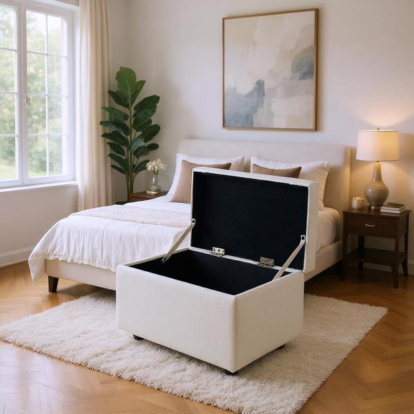 Beige Linen-Textured Storage Ottoman with Rubber Feet – 63×43×43cm Bench for Entryway, Bedroom or Living Room-4