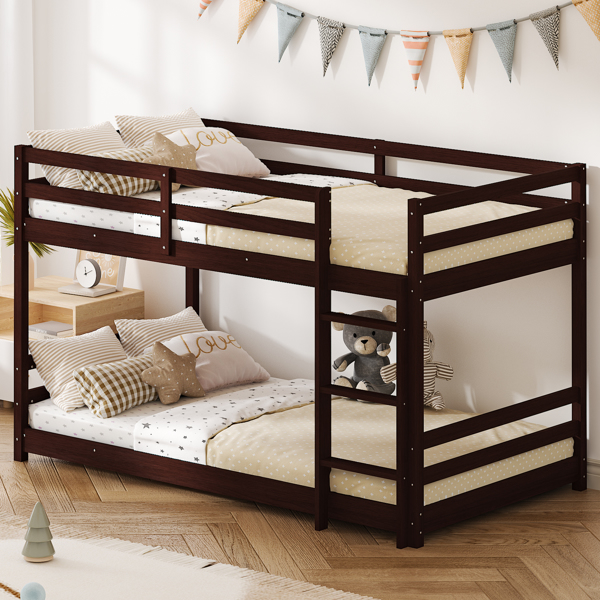 Brown painted pine twin wooden bed with head and tail cross rails, can be split into single bed or bunk bed-1