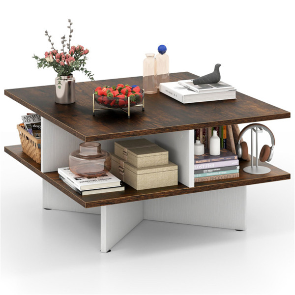 2-Tier Living Room Coffee Table - Square Design with 4 Storage Compartments-3
