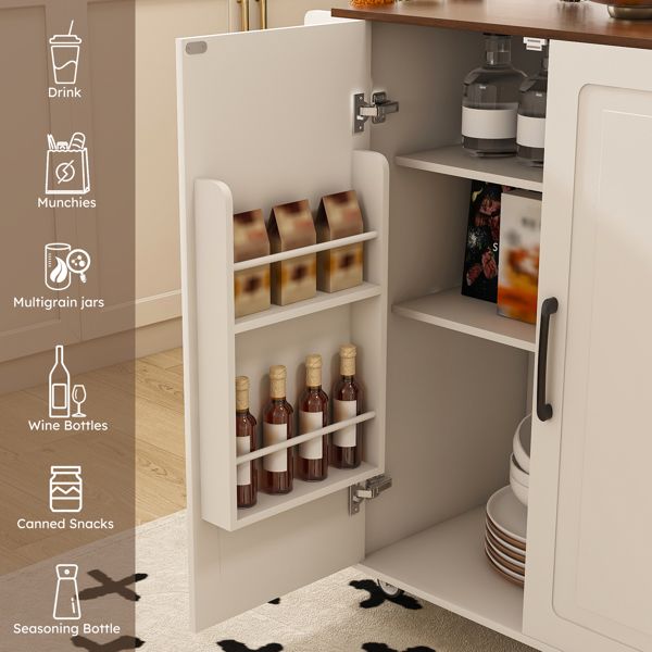 White Kitchen Island Cart with Foldable Tabletop & Drop Leaf - Mobile Breakfast Bar on Wheels with Wood Top and Storage-4