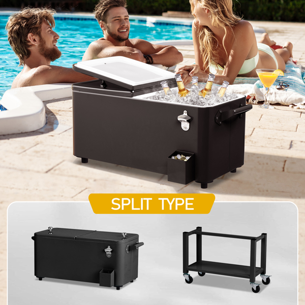 80 Quart Rolling Ice Chest, Portable Bar Drink Cooler with Catch Basin, Bottom Storage Tray and Bottle Opener for Patio Party BBQ Beach Activities-8