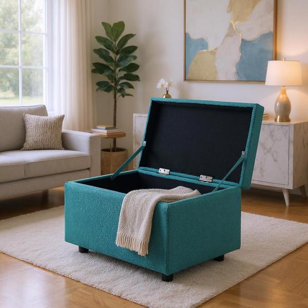 Blue Linen-Textured Storage Ottoman with Rubber Feet – 63×43×43cm Bench for Entryway, Bedroom or Living Room-2