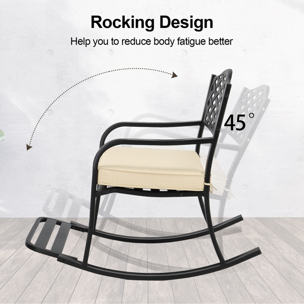 Metal Rocking Chair, Outdoor Rocking Bench with Cushion, Patio Rocker with Footrest, Weatherproof Rocking Chair for Outside, Patio, Garden, Hole Backrest-3