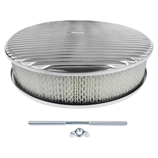 14" x 3" 14 Full Finned Aluminum Round Air Cleaner Air Filter Kit Polished with a Recessed Base and Paper Element Fits Single Quad Carburetors with 5-1/8" Neck 5" Steel Mounting Stud-4