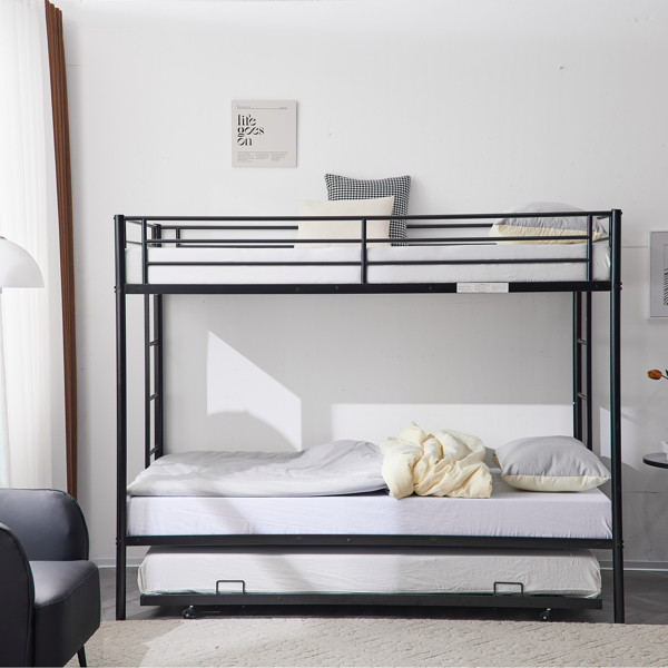 【Replace 85463179】Twin Over Twin Bunk Bed with Trundle, Triple Bunk Beds for Kids Teens Adults, Metal Bunk Bed with Two Side Ladder and Guardrails, Black-4