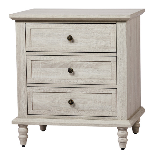Retro white P2 particle board with 3D paper + solid wood legs 63*44.5*68.5CM three drawers bedside table 1pcs-17