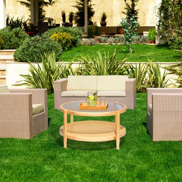 31.5in Rattan Coffee Table with Glass Top, Round End Table, Boho Style Side Table Sofa End Table for Living Room Balcony Patio, Natural-9