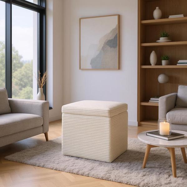 Beige Corduroy Storage Ottoman with Rubber Feet – Compact Soft Cube Seat, 42×42×44cm-1