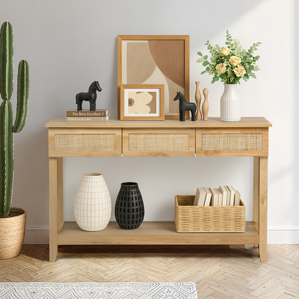 Boho Style Rattan Console Table with 3 Drawers and Open Storage Shelf, Entryway Table Narrow Long Sofa Table Hallway Foyer Table Behind Couch Table, Natural Wood-4