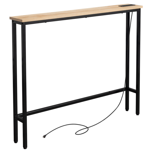 39.4" Narrow Console Sofa Table with Power Outlets and USB Ports, Skinny Couch Table with Metal Frame and Charge Station with 4.9ft Extension Cord, Oak-3