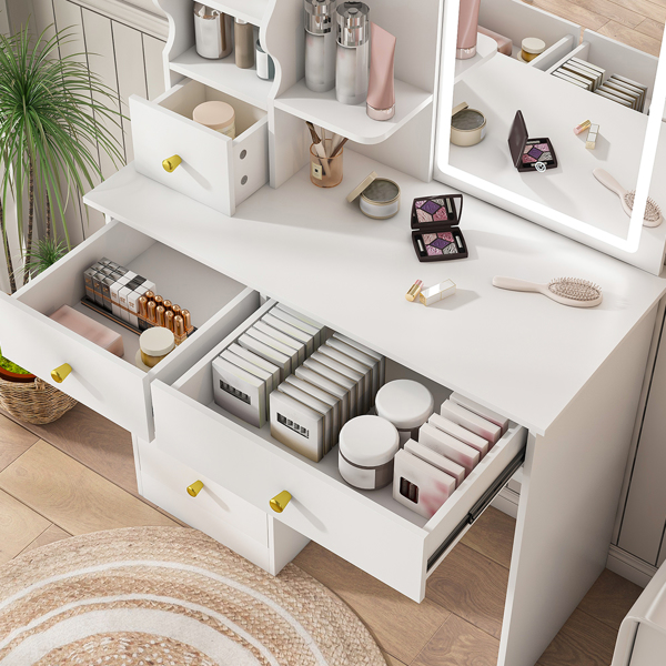 White dressing table, mirror and LED light, 5-drawer dressing table, movable and hidden mirror, 3-color mode touch screen, storage organizer for women's and girls' bedrooms -6