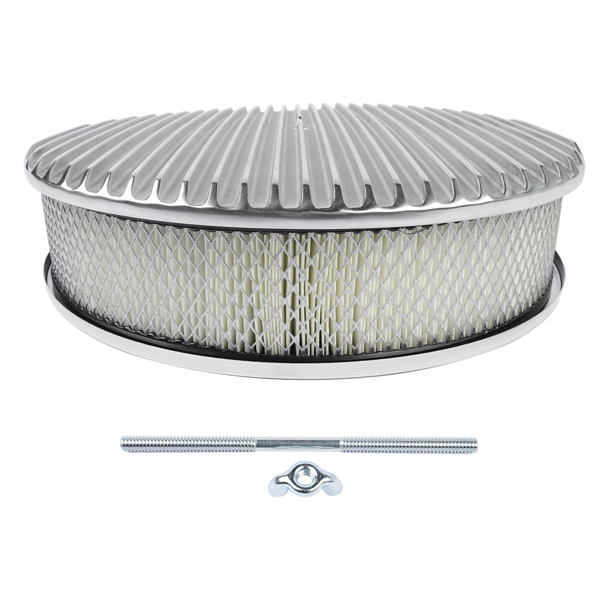 14" x 3" 14 Full Finned Aluminum Round Air Cleaner Air Filter Kit Polished with a Recessed Base and Paper Element Fits Single Quad Carburetors with 5-1/8" Neck 5" Steel Mounting Stud-3