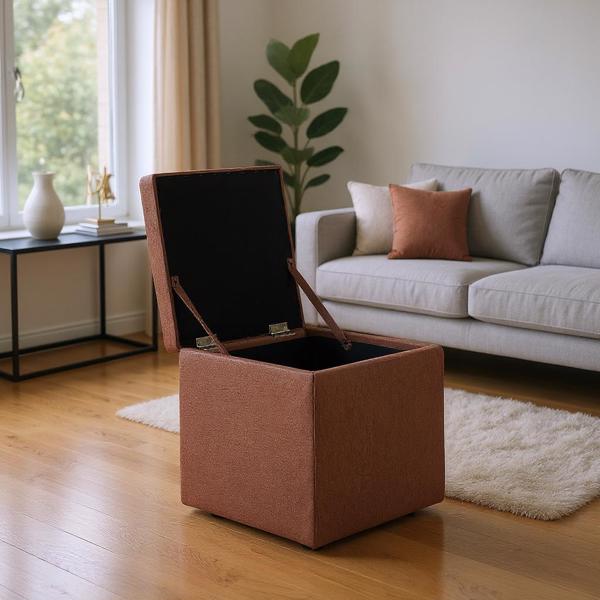 Brown Linen-Textured Storage Ottoman with Black Rubber Feet – Compact Square Seat with Hidden Storage, 42×42×44cm-3