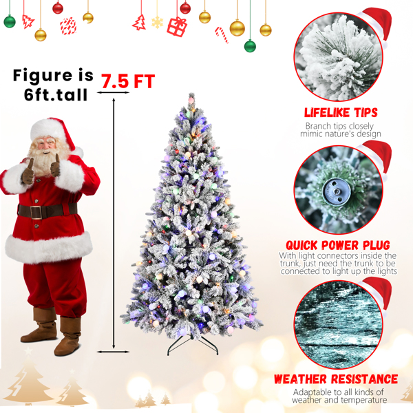 Artificial 7.5ft Flock Christmas Tree with 1523PE/PVC Mixed Branch Tips,Hinged Premium & Foldable Base for Indoor Holiday Decorating-2