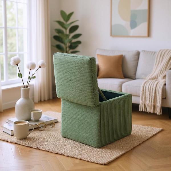 Green Corduroy Storage Ottoman with Rubber Feet – Compact Soft Cube Seat, 42×42×44cm-4