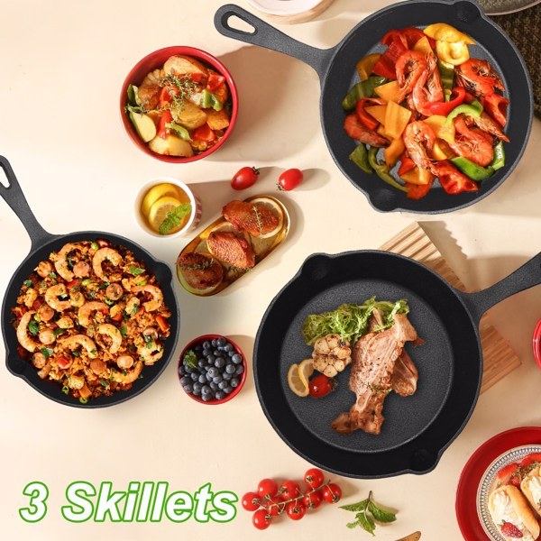 3pcs Pre-Seasoned Cast Iron Skillets, 8 In, 10 In, & 12 In Cast Iron Frying Pans With Handles, Safe Grill Cookware Set With Non-Stick Surface, Cast Iron Pans For Indoor & Outdoor Use-7