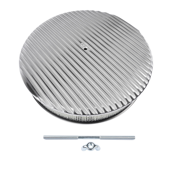 14" x 3" 14 Full Finned Aluminum Round Air Cleaner Air Filter Kit Polished with a Recessed Base and Paper Element Fits Single Quad Carburetors with 5-1/8" Neck 5" Steel Mounting Stud-2