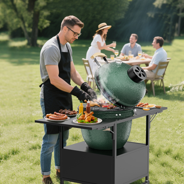 户外烧烤桌，适用于 Big Green Egg 式烧烤炉，金属烧烤车，带 2 个折叠面板，可与高达 Large Green Egg 的 Kamado Joe Jr 兼容-4