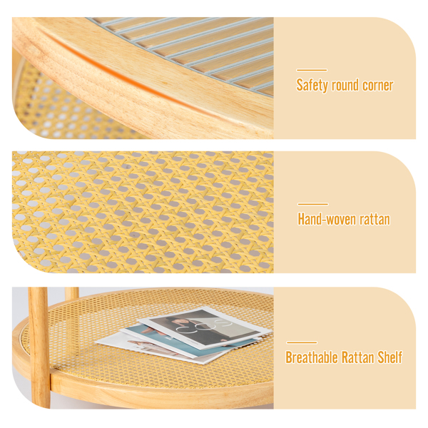 31.5in Rattan Coffee Table with Glass Top, Round End Table, Boho Style Side Table Sofa End Table for Living Room Balcony Patio, Natural-16