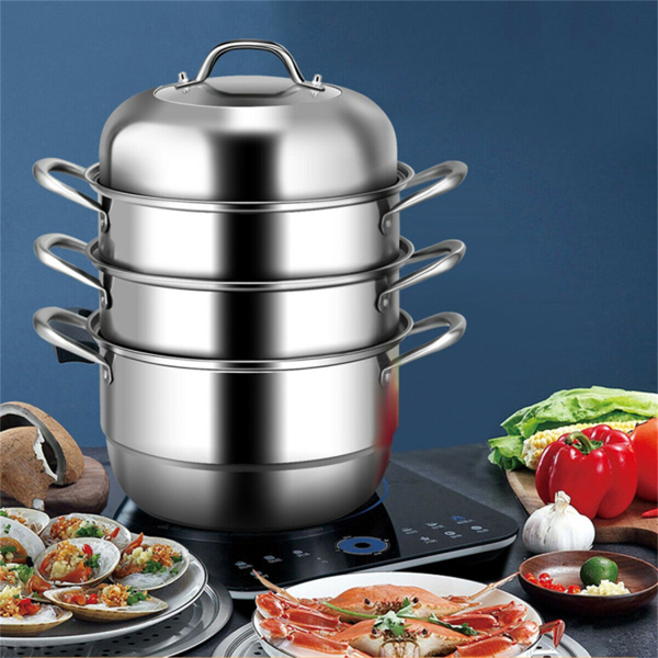 Stainless Steel Multi-Cook Steamer - 3-Tier Design with Reflux Steaming Grids, 8QT Bottom Pot, Tempered Glass Lid-2