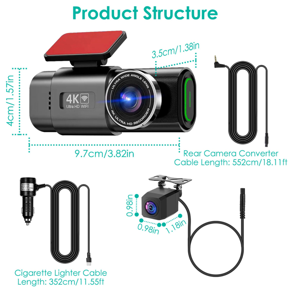 4K+1080P Dual Dash Cam Front & Rear with WiFi & Free 64 GB Card | 140°/120° Wide-Angle Loop Recording | G-Sensor & Night Vision | Mini Aluminum Alloy Car Camera, Easy Install-14