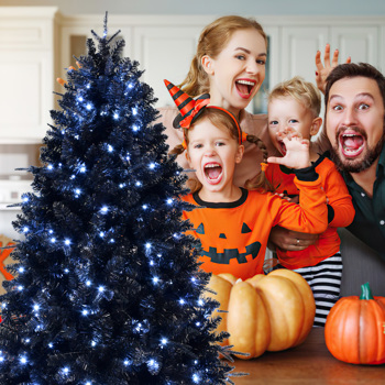 Artificial 5ft Black LED-lit Christmas Tree with 1076PE/PVC Mixed Branch Tips,Hinged Premium & Foldable Base for Indoor Holiday Decorating