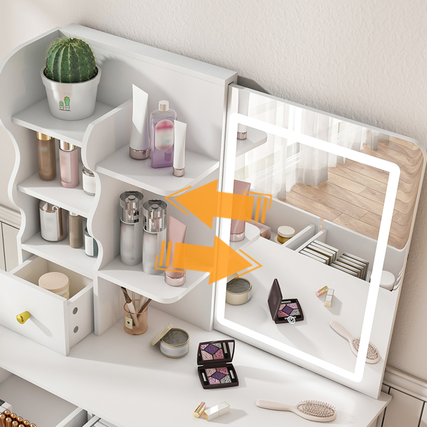 White dressing table, mirror and LED light, 5-drawer dressing table, movable and hidden mirror, 3-color mode touch screen, storage organizer for women's and girls' bedrooms -5