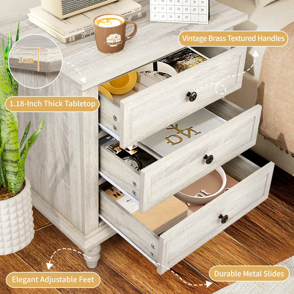 Retro white P2 particle board with 3D paper + solid wood legs 63*44.5*68.5CM three drawers bedside table 1pcs-3