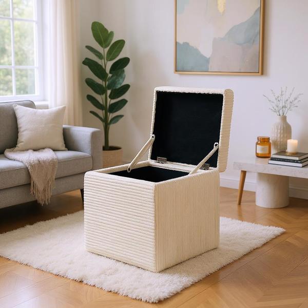 Beige Corduroy Storage Ottoman with Rubber Feet – Compact Soft Cube Seat, 42×42×44cm-5