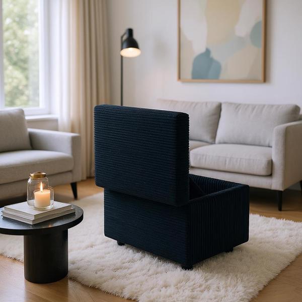 Black Corduroy Upholstered Storage Ottoman with Black Round Rubber Feet – 63×43×43cm, Hidden Storage with Soft Seating-2