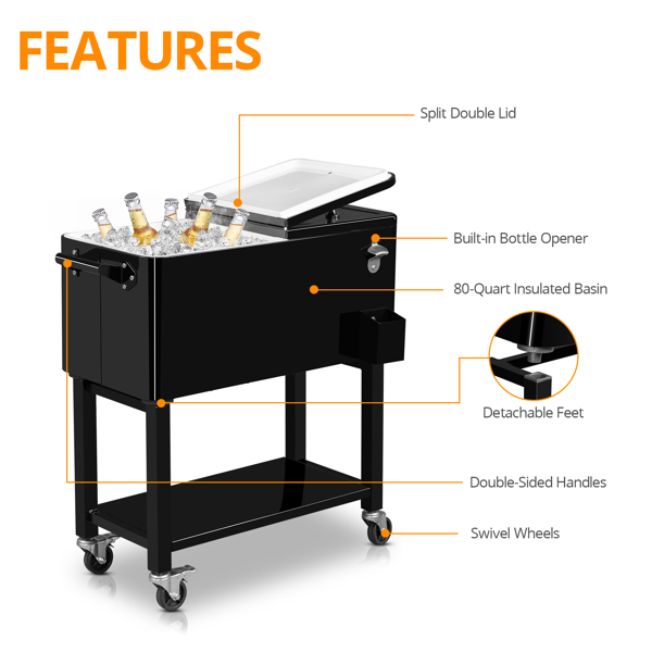 80 Quart Rolling Ice Chest, Portable Bar Drink Cooler with Catch Basin, Bottom Storage Tray and Bottle Opener for Patio Party BBQ Beach Activities-28