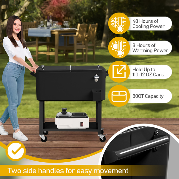 80 Quart Rolling Ice Chest, Portable Bar Drink Cooler with Catch Basin, Bottom Storage Tray and Bottle Opener for Patio Party BBQ Beach Activities-5