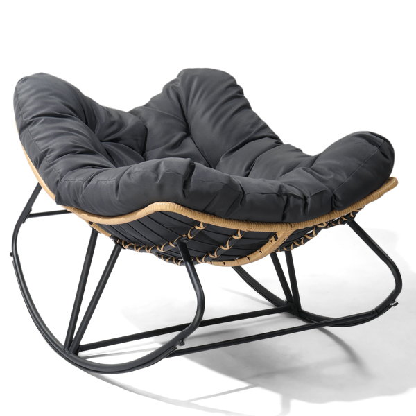 Oversized Rattan Papasan Chair, Outdoor Steel Wicker Rocking Seating with Thick Padded Cushion for Patio, Living Room, Backyard, Porch(Yellow Wicker & Gray Cushion)-1