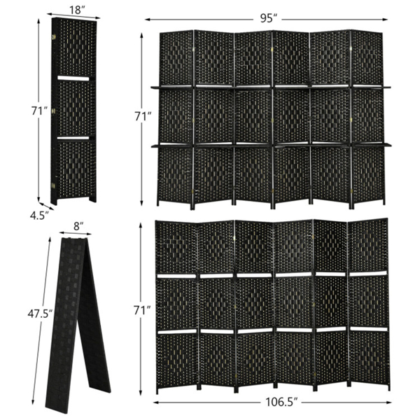 Foldable Room Screen with Storage Shelves - 106.5"x71" Max Size, Hand-Woven Fiber & Poplar Wood Frame, Black-9