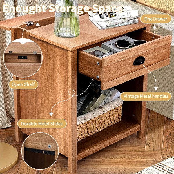 Oak color P2 density board + solid wood veneer frame 56*45*65cm one drawer with lower compartment bedside table mid-century modern-3