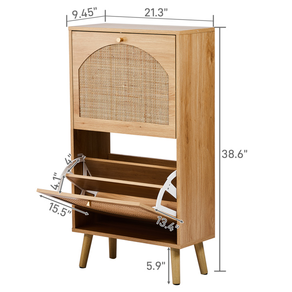 2-Tilt Shoe Cabinet with Arched Rattan Surface, MDF with Triamine, 54*24*98cm, Natural Wood Color-5
