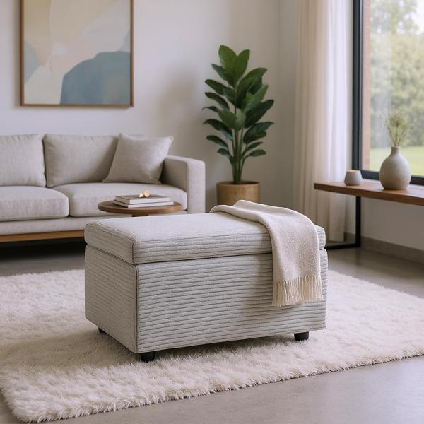 Light Gray Corduroy Upholstered Storage Ottoman with Black Round Rubber Feet – 63×43×43cm, Hidden Storage with Soft Seating-2