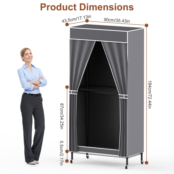 2 Tier Clothing Rack With Cover Portable Wardrobe Closet Covered Garment Rack with 4 Wheels 2 Hanging Rods 2 Hook Racks 35.43x17.13x72.44in-10