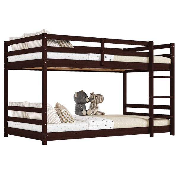 Brown painted pine twin wooden bed with head and tail cross rails, can be split into single bed or bunk bed-7