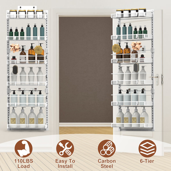 6-Tier Over the Door Pantry Organizer, Large Metal Door Spice Rack, Hanging Heavy-Duty Pantry Door Storage Shelf  10LBS Loading Easy Install Behind Door Storagefor Kitchen and Bathroom, White-4