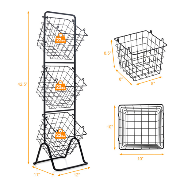 3-Tier Fruit Basket Stand - Removable Wire Bowls, Convertible to 1/2 Tier, Steel Frame with Non-Slip Pads, Black-5