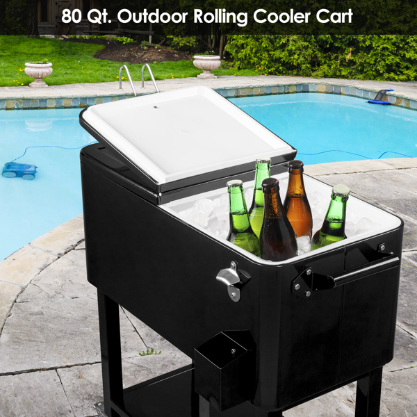 80 Quart Rolling Ice Chest, Portable Bar Drink Cooler with Catch Basin, Bottom Storage Tray and Bottle Opener for Patio Party BBQ Beach Activities-20