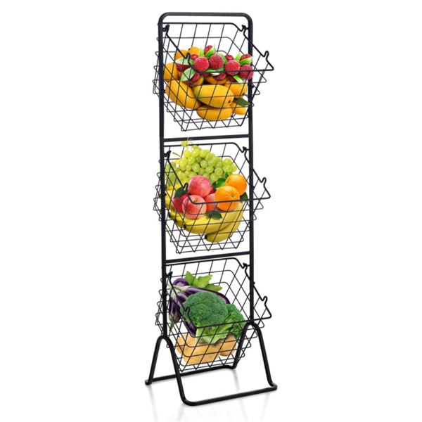 3-Tier Fruit Basket Stand - Removable Wire Bowls, Convertible to 1/2 Tier, Steel Frame with Non-Slip Pads, Black-1