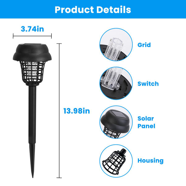 Outdoor Solar Bug Elimination Torches (Set of 4) – UV Light & White Light,  532 V Grid, IPX Waterproof, Easy-Install Lawn Stakes for Yard, Camping, Picnic-8